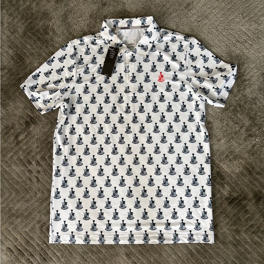 adidas Men’s White Polo with Navy Crest Print and Red Logo